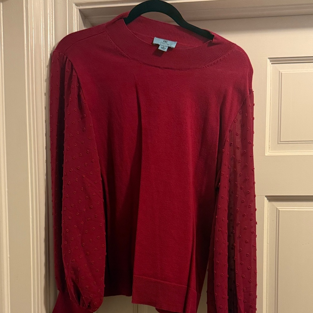 CeCe Vibrant Pink Knit Top with See Through Sleeves